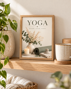 Yoga breathe stretch restore artwork with sage green yoga mat, eucalyptus, dried flowers, candle and stacked stones styled in a shelf