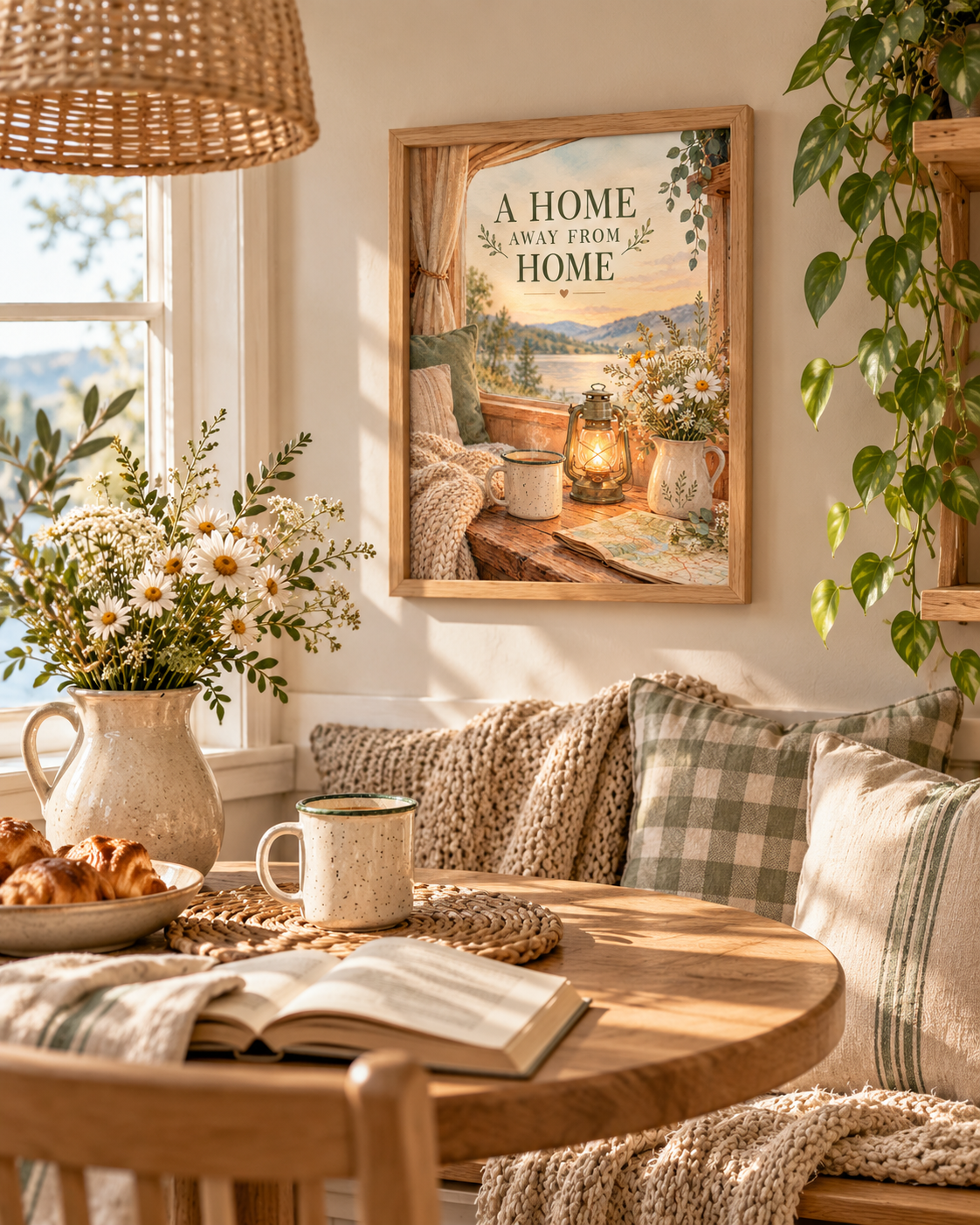 A Home Away From Home quote with lakeside view, lantern, mug, map, wildflowers and cosy blanket styled in a reading corner