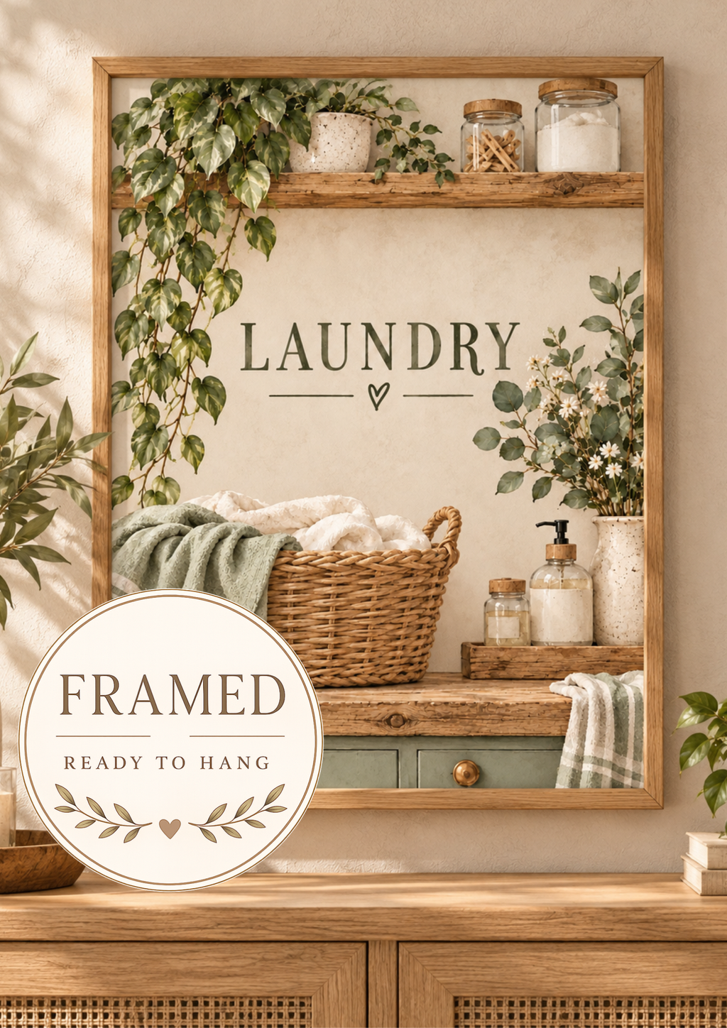 Botanical laundry artwork with LAUNDRY lettering, woven linen basket, trailing greenery, cream flowers and rustic wooden shelves; framed and ready to hang badge