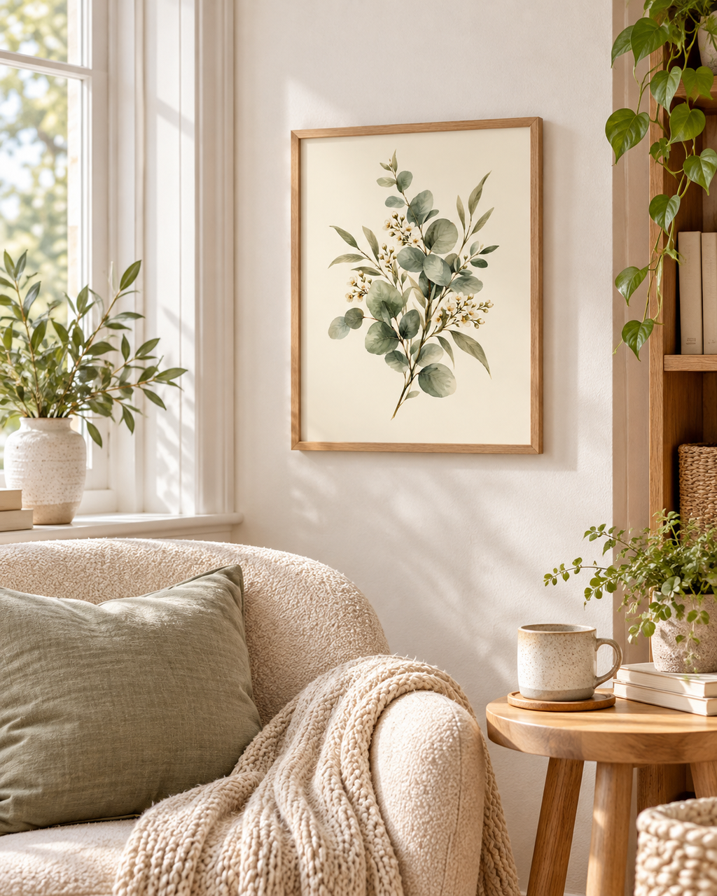 Sage green eucalyptus and delicate white blossom botanical watercolour against a warm cream background styled in a reading corner