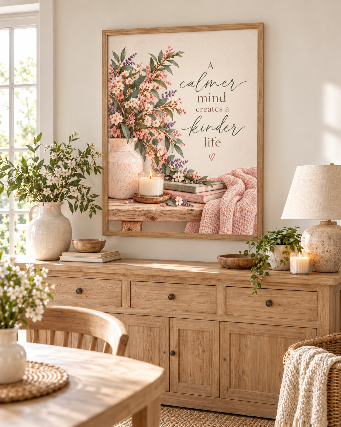 A calmer mind creates a kinder life quote with pink and ivory flowers, sage foliage, ceramic vase, candle, books and blush knitted throw styled in a dining room