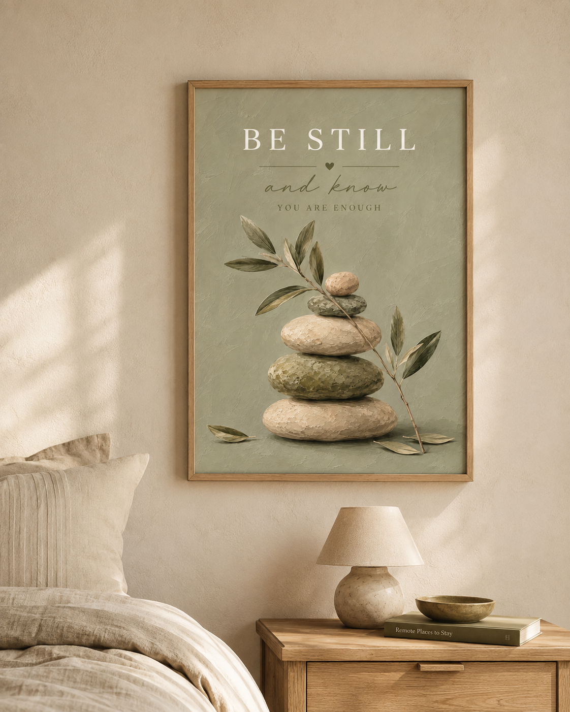 Be Still and Know You Are Enough quote with sage-green balancing stones and delicate olive branches styled in a bedroom