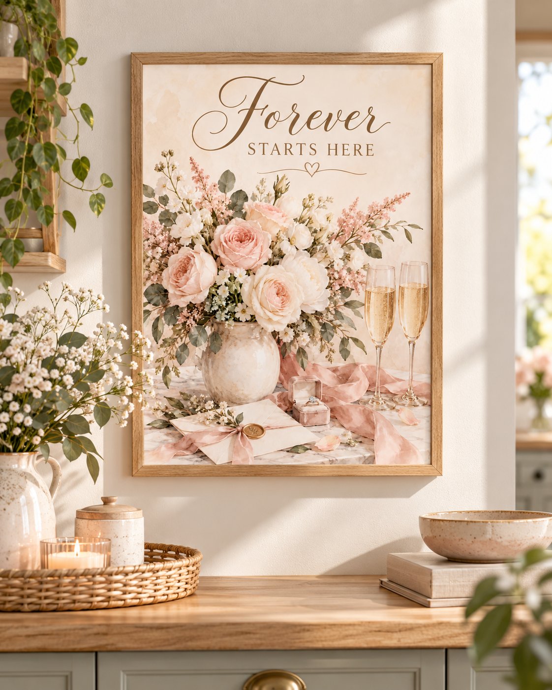 Forever Starts Here wedding artwork with blush and ivory roses, muted green foliage, champagne glasses, engagement ring, ribbons and wedding stationery styled in a kitchen
