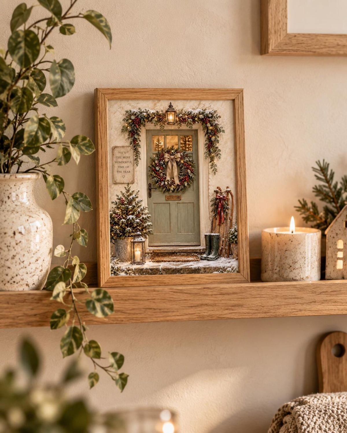 Christmas Door snowy cottage print festive room mockup