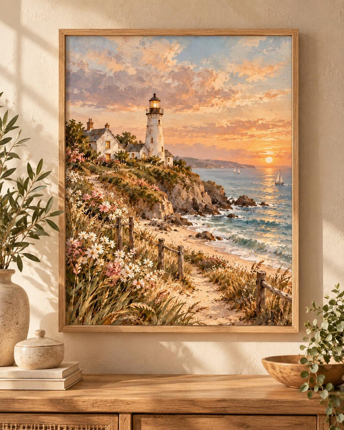 Coastal Lighthouse Print, Sunset Seaside Landscape Art — front image