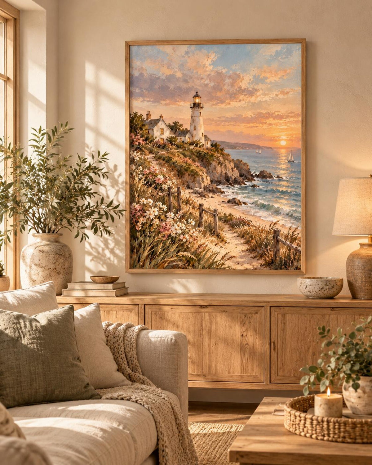 Coastal Lighthouse Print, Sunset Seaside Landscape Art — lifestyle mockup 1