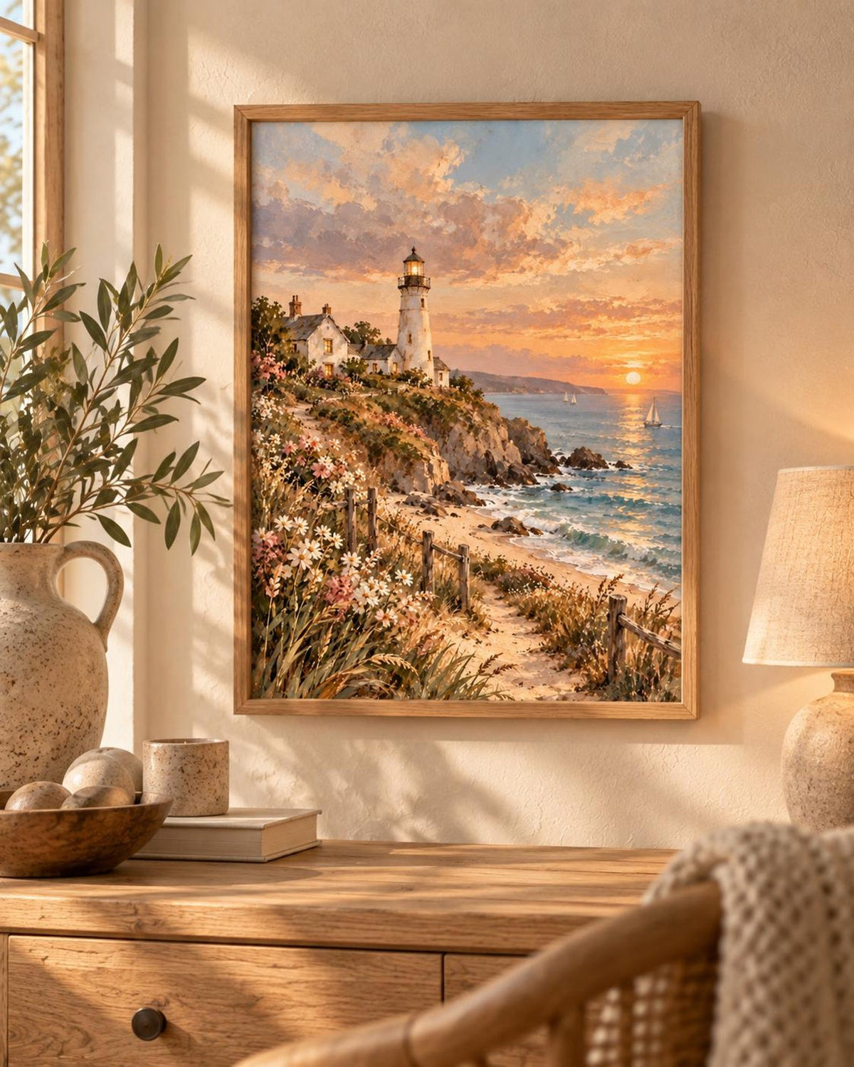 Coastal Lighthouse Print, Sunset Seaside Landscape Art — lifestyle mockup 2