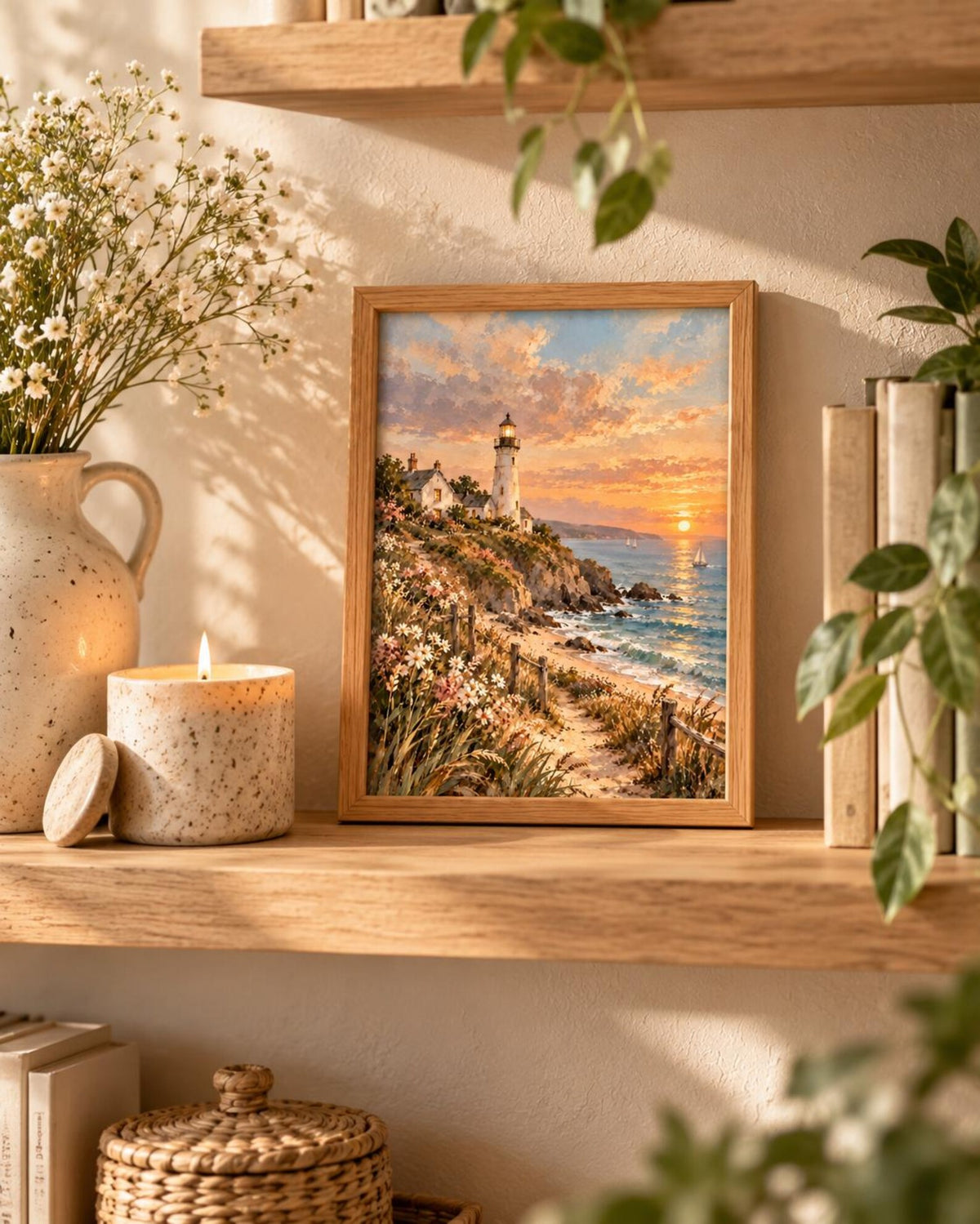 Coastal Lighthouse Print, Sunset Seaside Landscape Art — lifestyle mockup 3