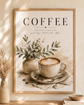 Neutral coffee wall art print with illustrated latte and botanical details