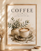 Neutral coffee wall art print with illustrated latte and botanical details
