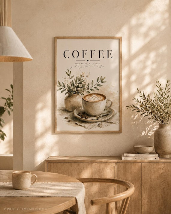 Small coffee wall art print styled on a neutral shelf