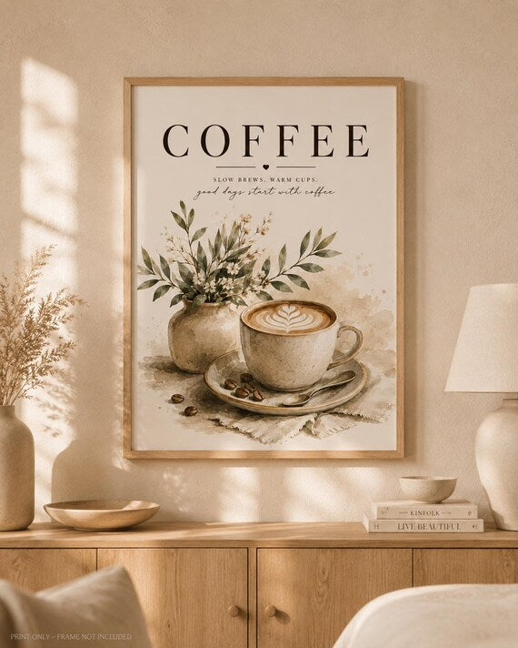 Coffee lover wall art print in a warm minimalist home setting