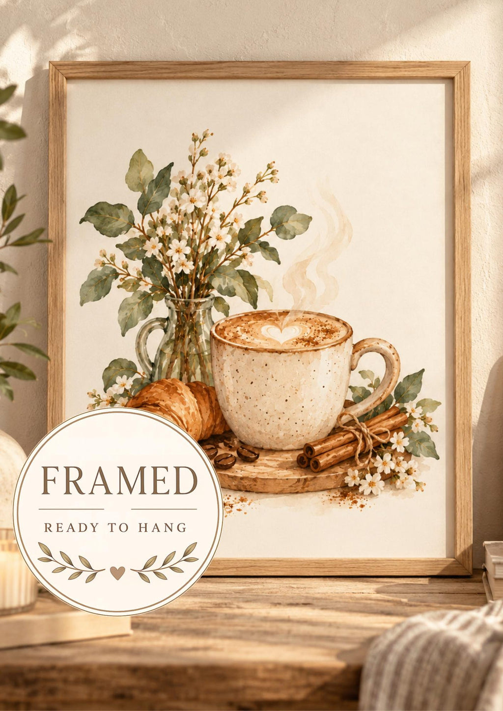 Framed latte and croissant coffee bar print — ready to hang
