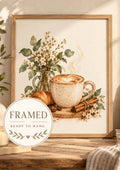 Framed latte and croissant coffee bar print — ready to hang