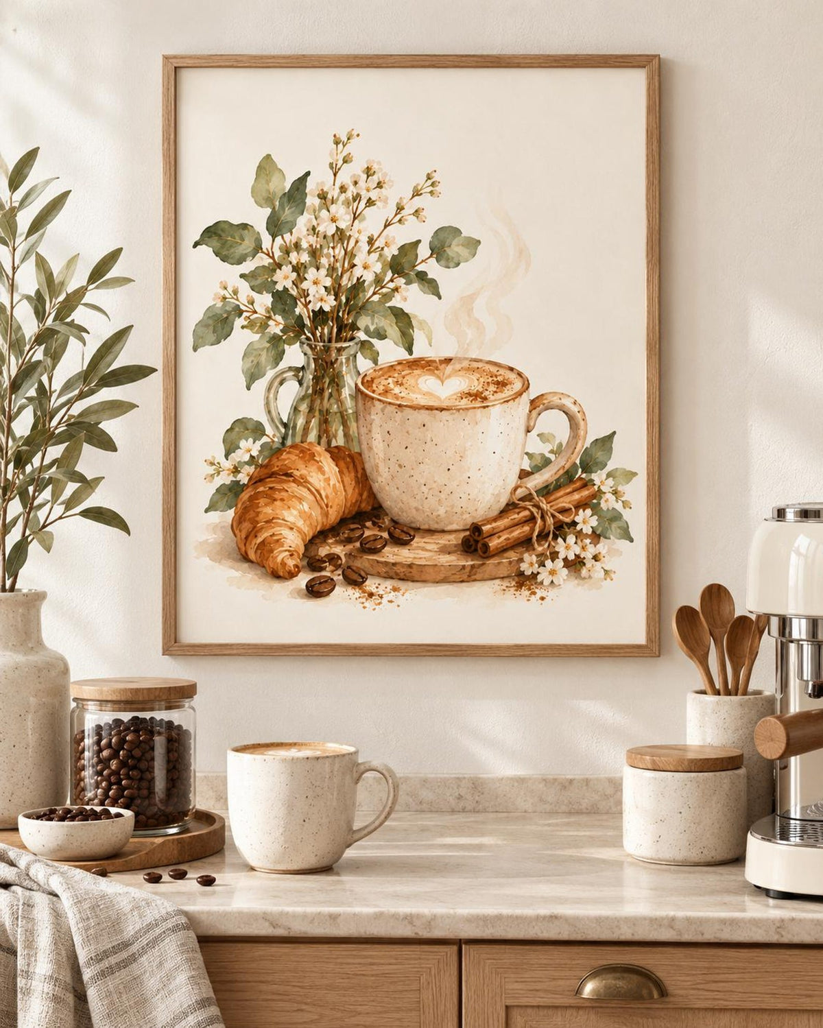 Latte and croissant coffee framed print lifestyle mockup 3