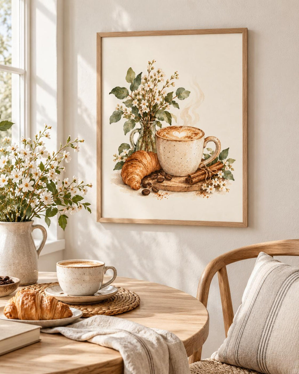 Latte and croissant coffee framed print lifestyle mockup 5