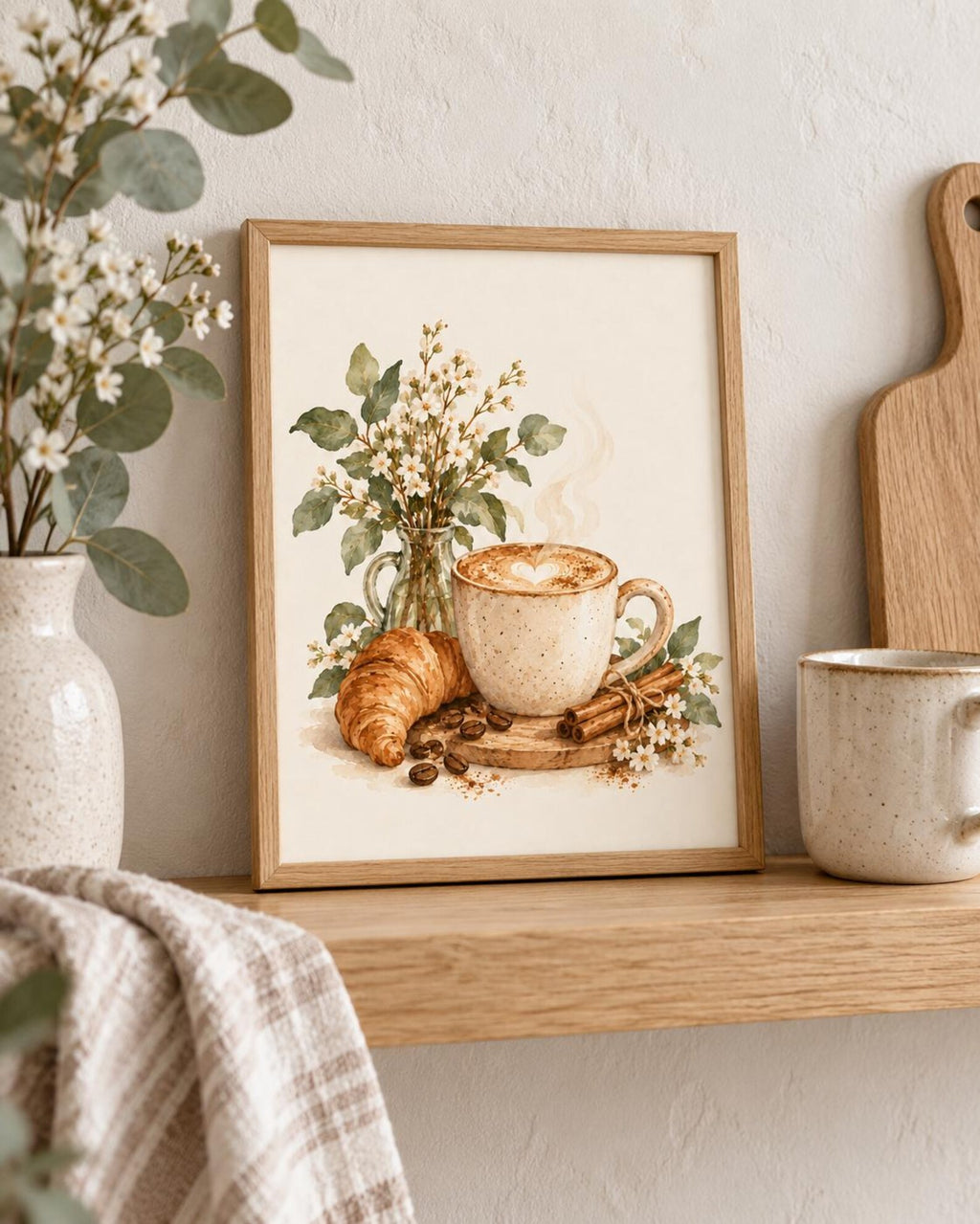 Latte and croissant coffee framed print lifestyle mockup 6