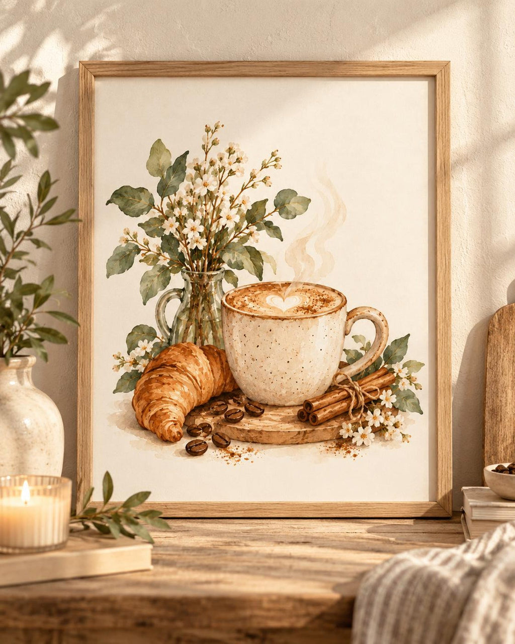 Latte and croissant coffee bar print — frame not included