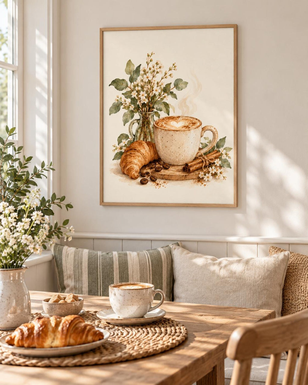 Latte and croissant coffee print lifestyle mockup 1