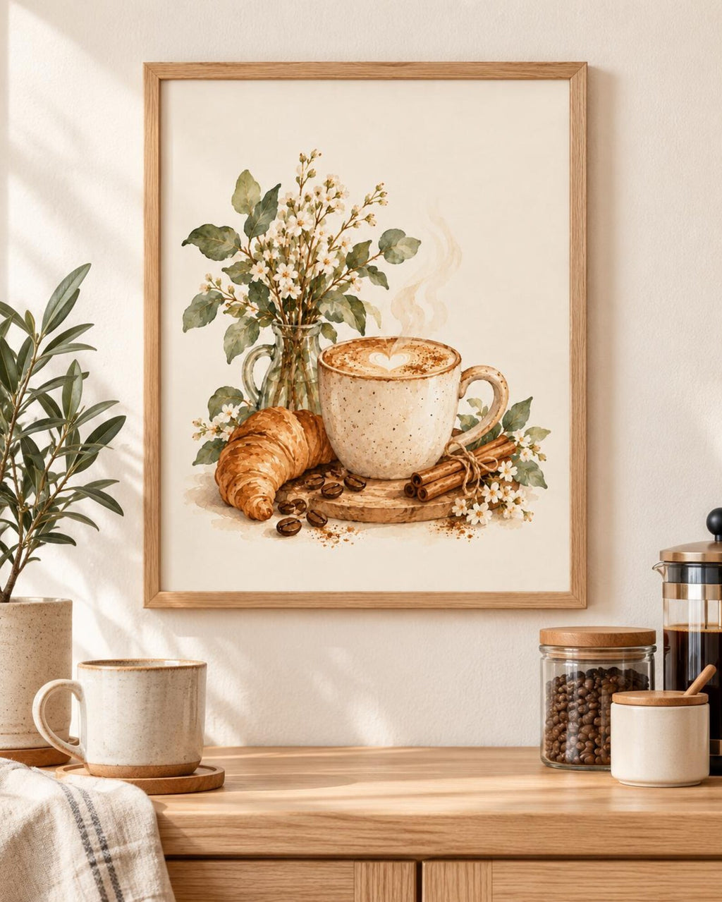 Latte and croissant coffee print lifestyle mockup 3