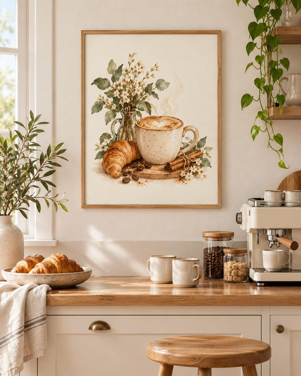 Latte and croissant coffee print lifestyle mockup 5