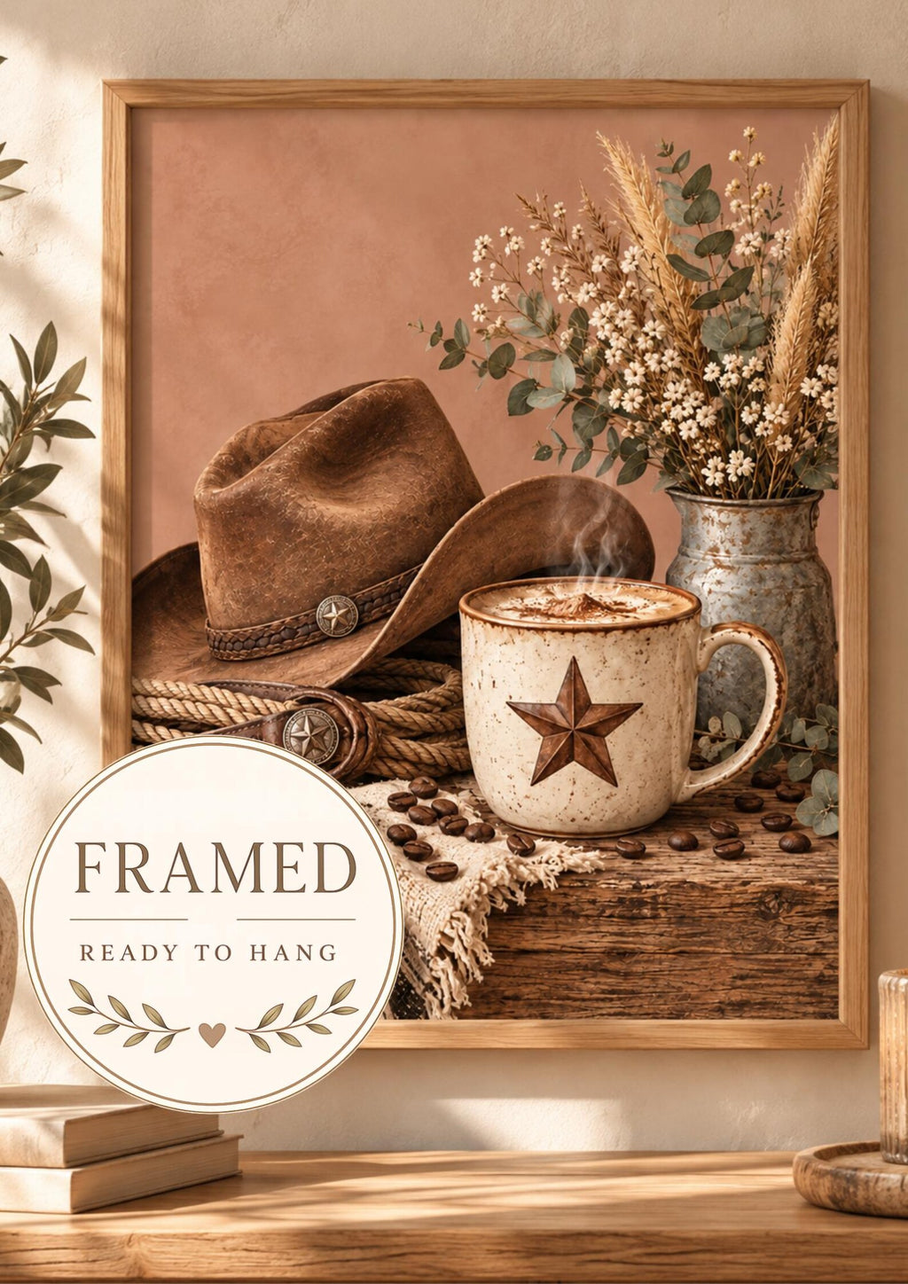 Cowboy coffee framed print with hat and star coffee mug