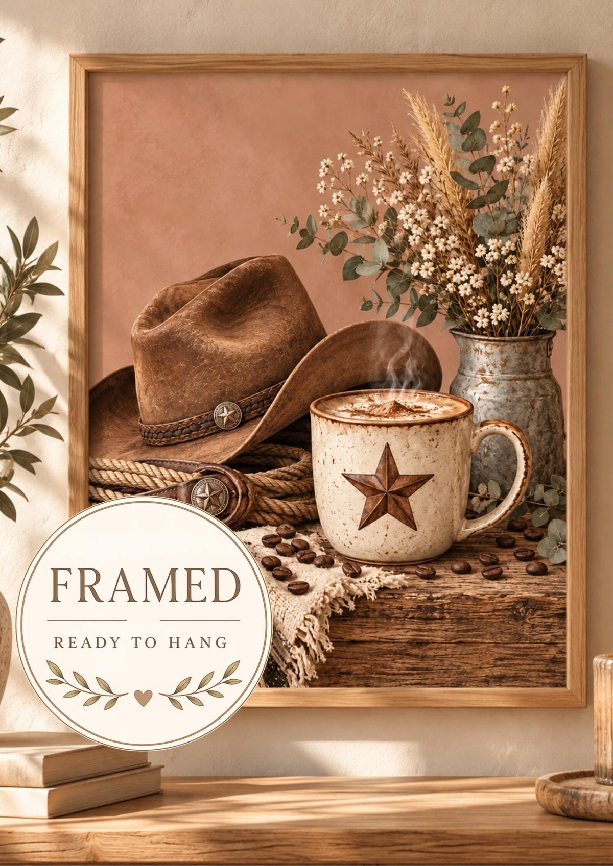 Cowboy coffee framed print with hat and star coffee mug
