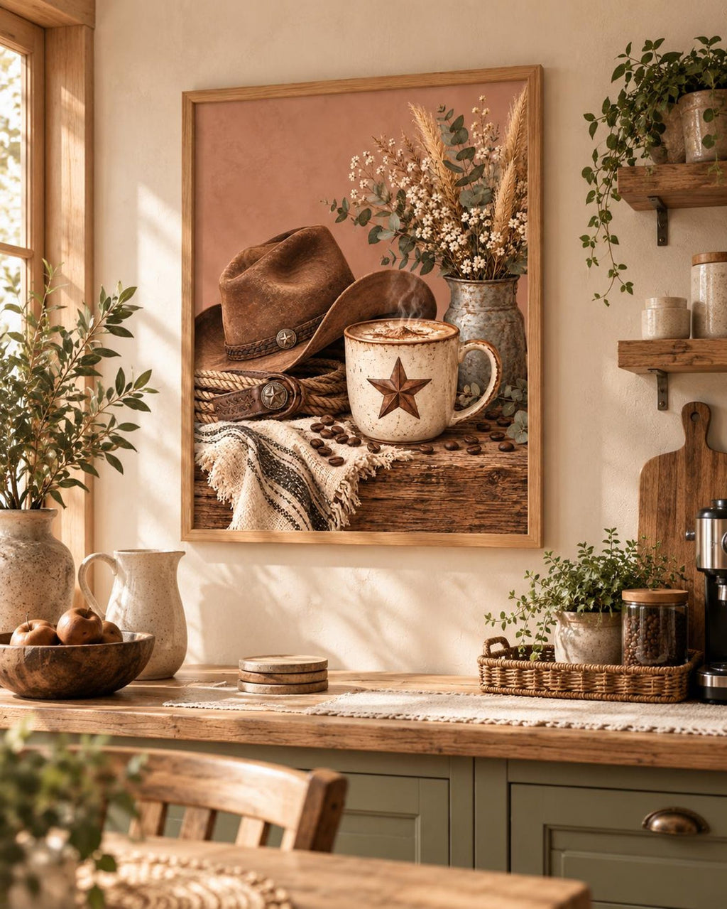 Cowboy coffee framed print in a warm rustic interior, lifestyle view 1