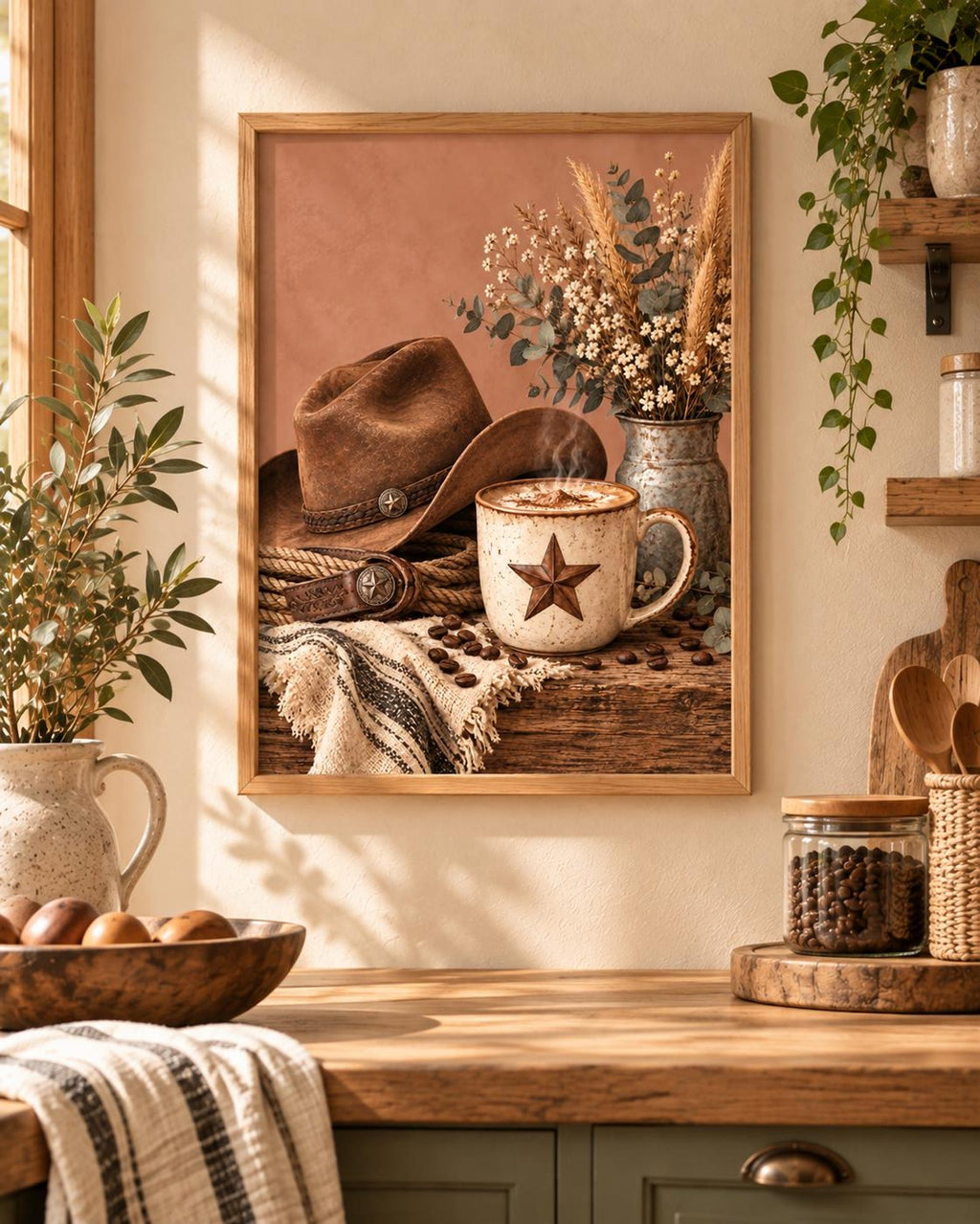 Cowboy coffee framed print in a warm rustic interior, lifestyle view 3