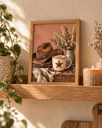 Cowboy coffee framed print in a warm rustic interior, lifestyle view 4
