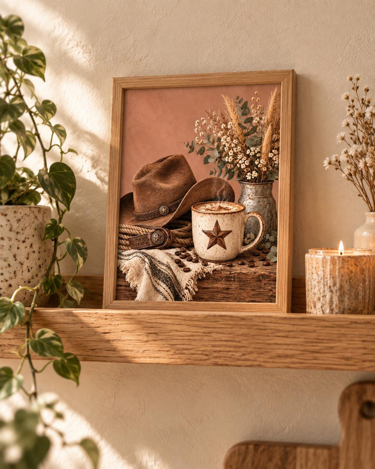 Cowboy coffee framed print in a warm rustic interior, lifestyle view 4