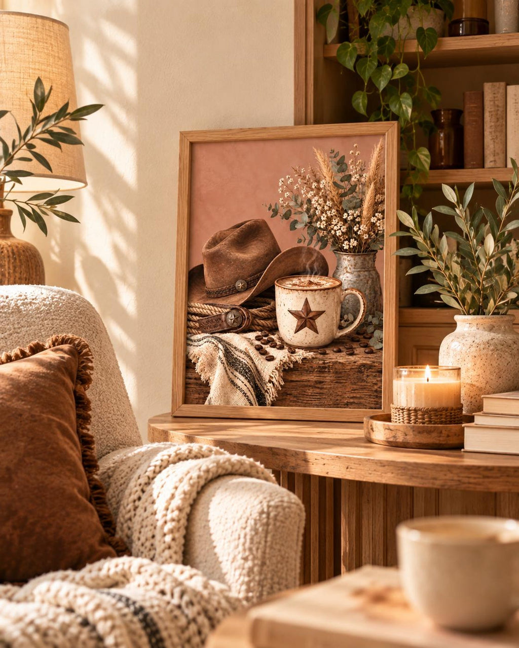 Cowboy coffee framed print in a warm rustic interior, lifestyle view 5