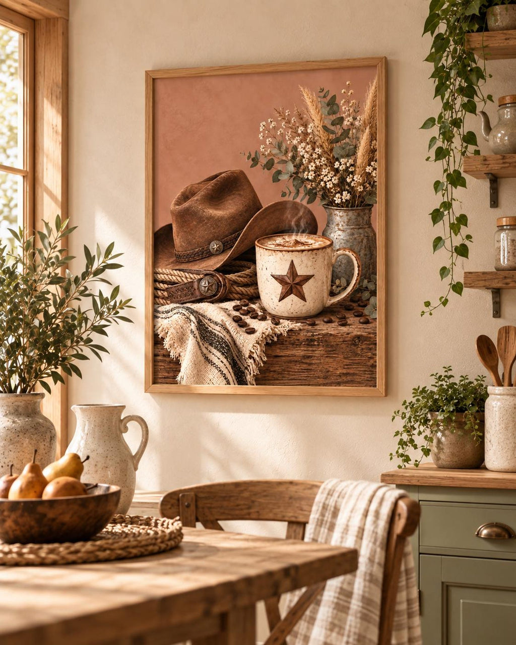 Cowboy coffee print in a warm rustic interior, lifestyle view 2