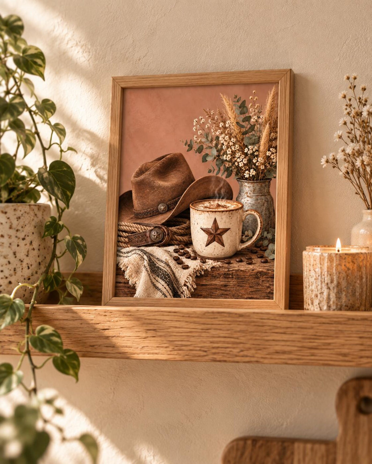 Cowboy coffee print in a warm rustic interior, lifestyle view 5