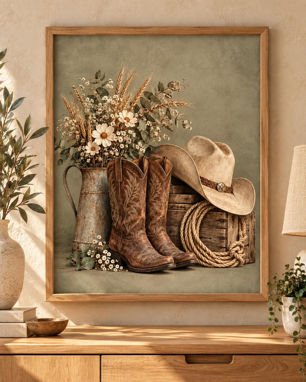 Cowboy boots print with cream hat, wildflowers and rustic wooden crate — front image