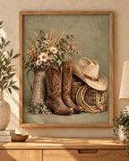 Cowboy boots print with cream hat, wildflowers and rustic wooden crate — front image