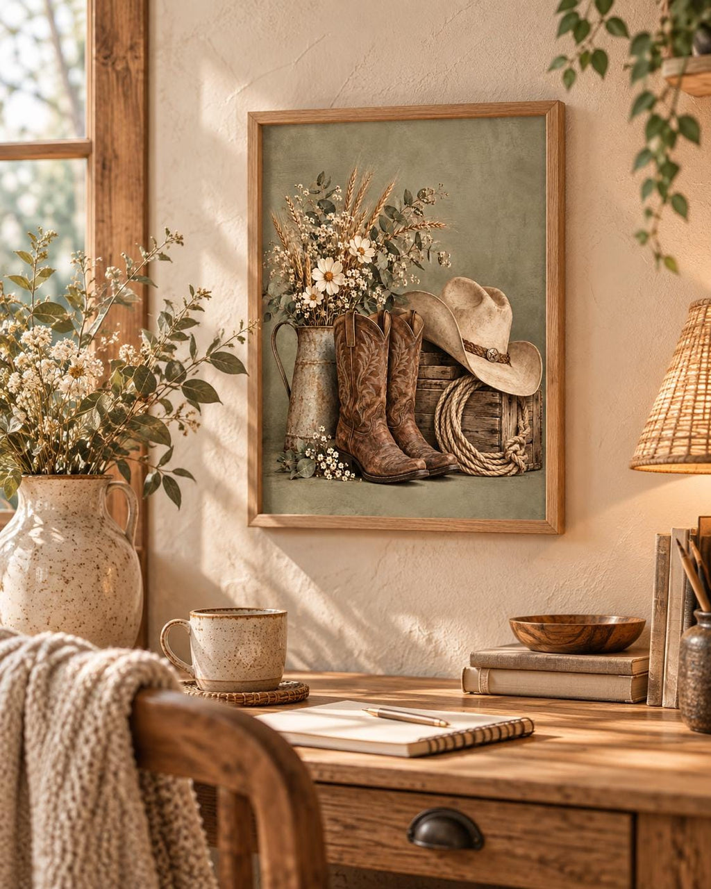 Cowboy boots print with cream hat, wildflowers and rustic wooden crate — lifestyle view