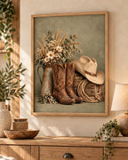 Cowboy boots print with cream hat, wildflowers and rustic wooden crate — lifestyle view