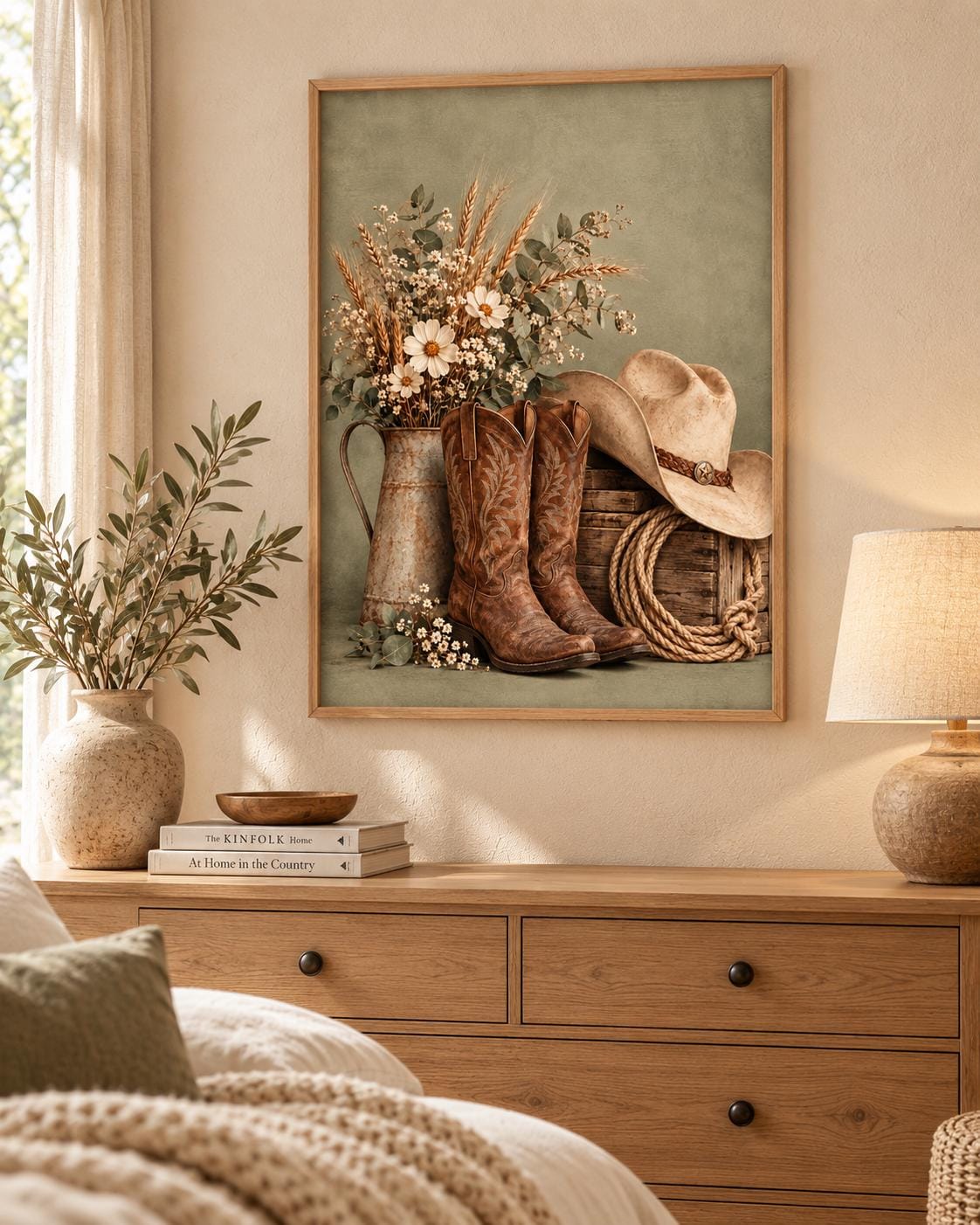 Cowboy boots print with cream hat, wildflowers and rustic wooden crate — lifestyle view