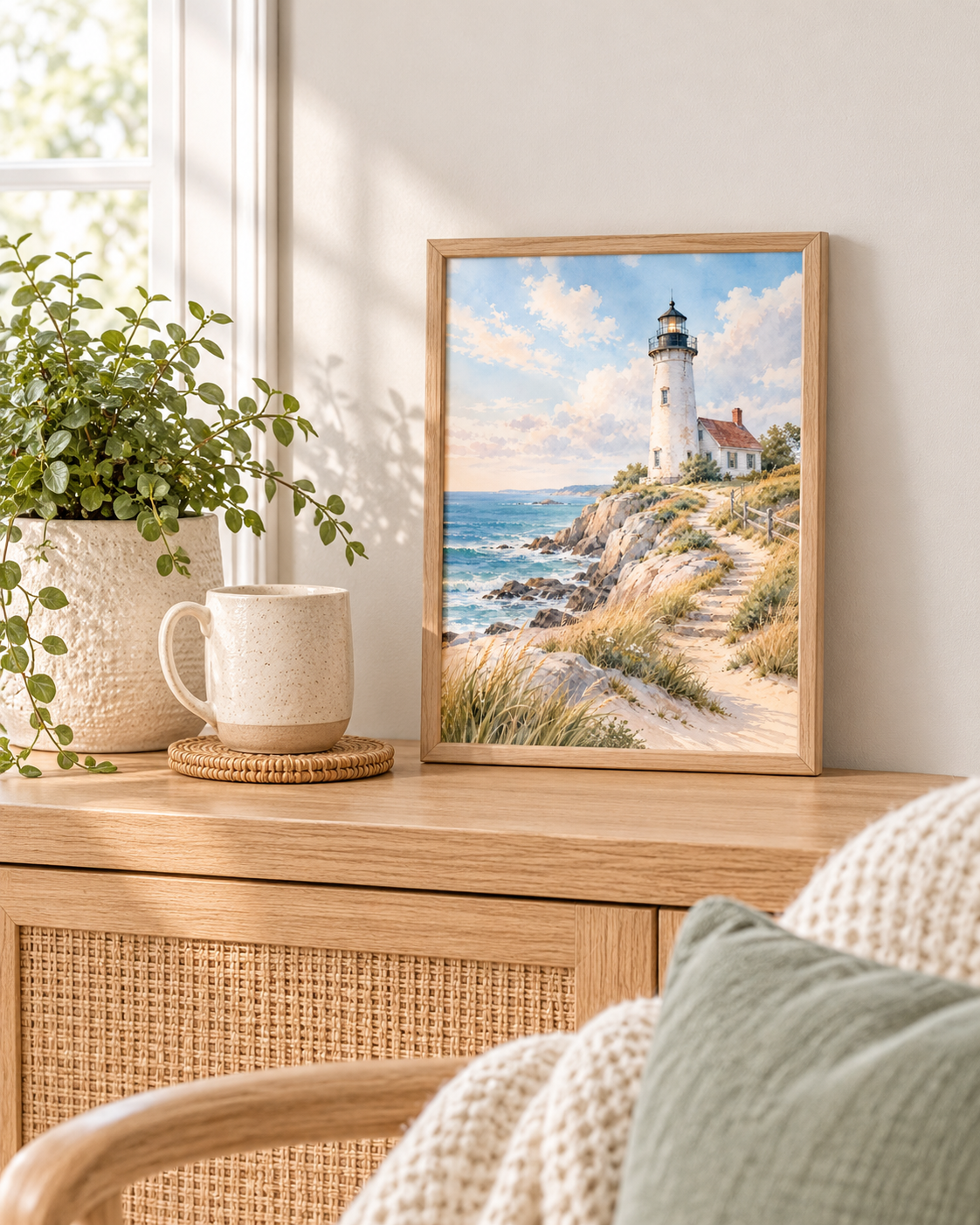 Painterly coastal landscape with white lighthouse and cottage, blue ocean waves, rocky shore, sandy path, wooden fence and coastal grasses styled in a reading corner