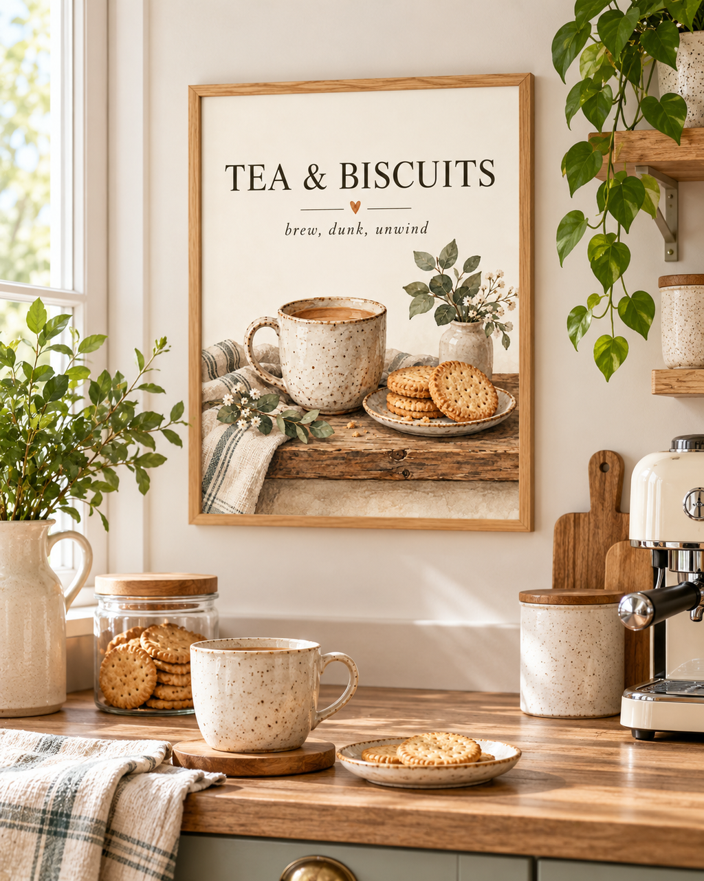 Tea and Biscuits quote, brew dunk unwind, with speckled ceramic mug, biscuits, sage foliage and cream background styled in a kitchen counter