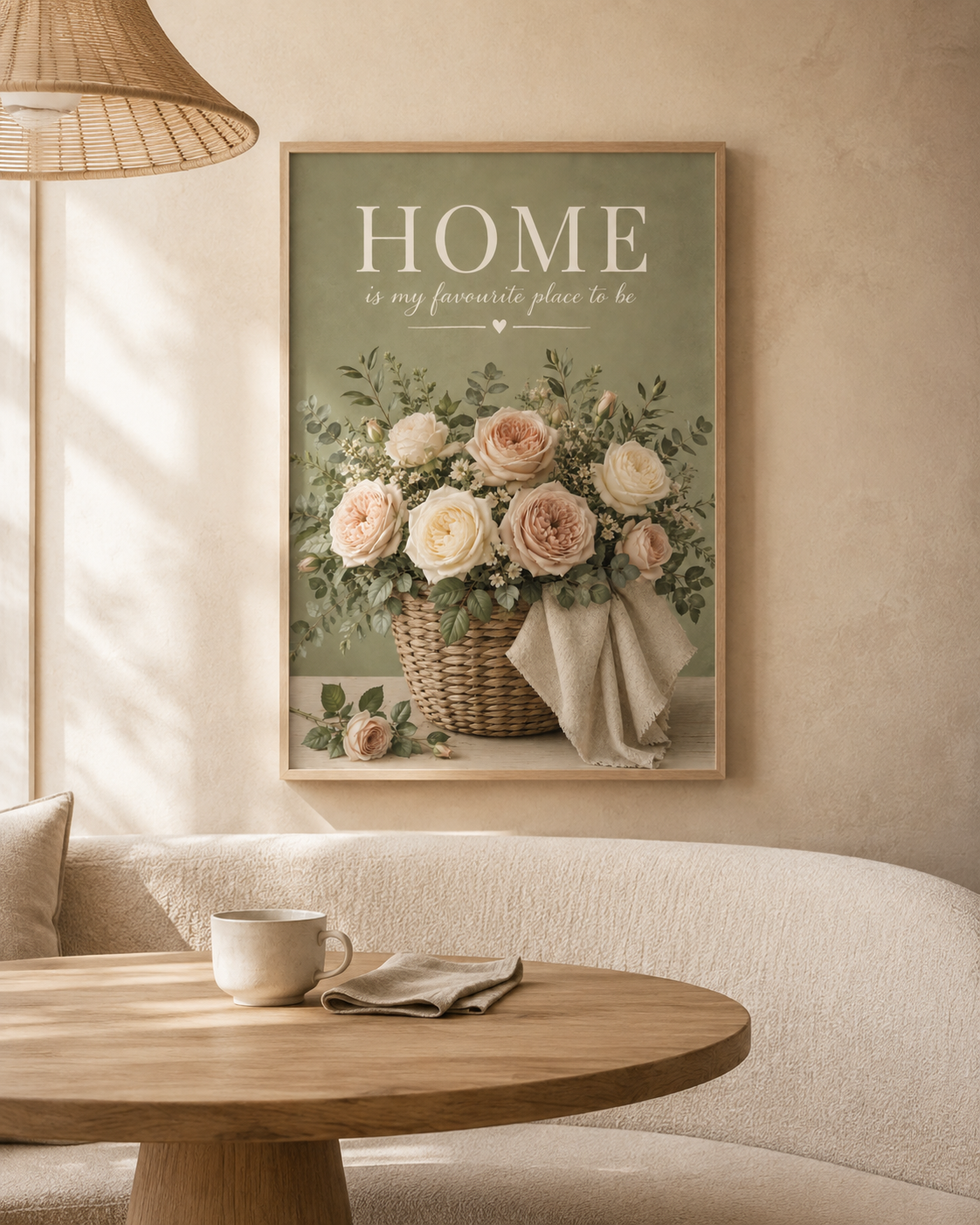 Home is my favourite place to be artwork with blush and ivory roses in a woven basket styled in a dining corner
