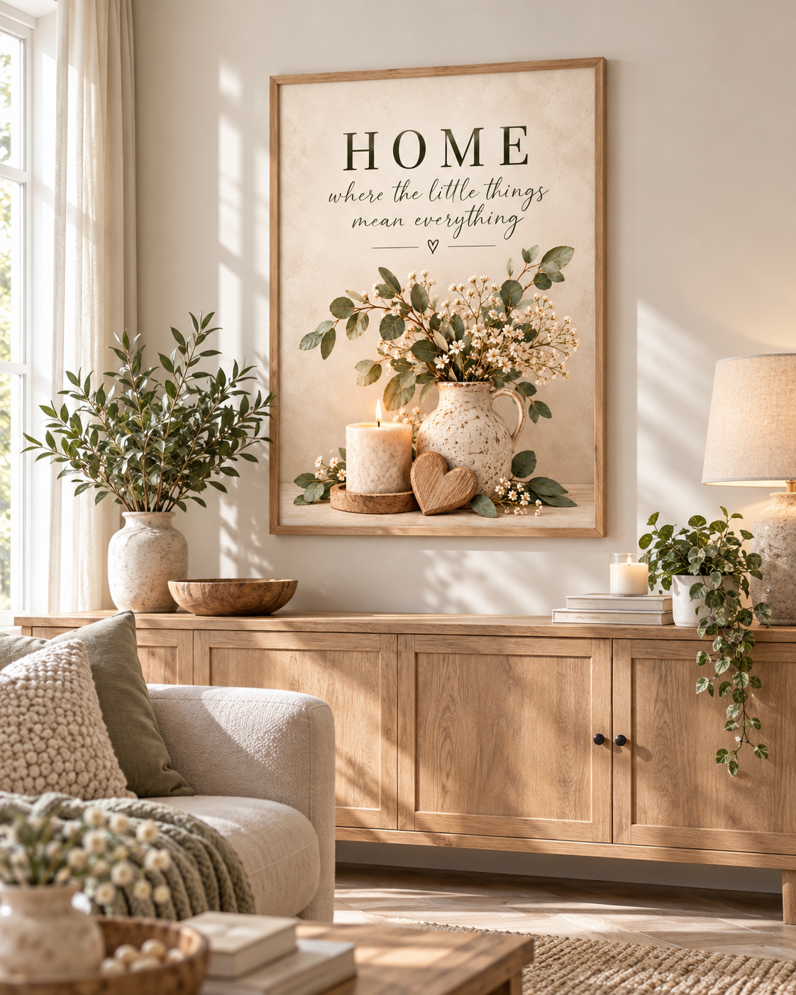 Home quote artwork above a wooden sideboard in a neutral living room