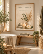 Meditation artwork with the words inhale peace, exhale tension, botanical stems, lotus flower, candle and stones styled in a bathroom