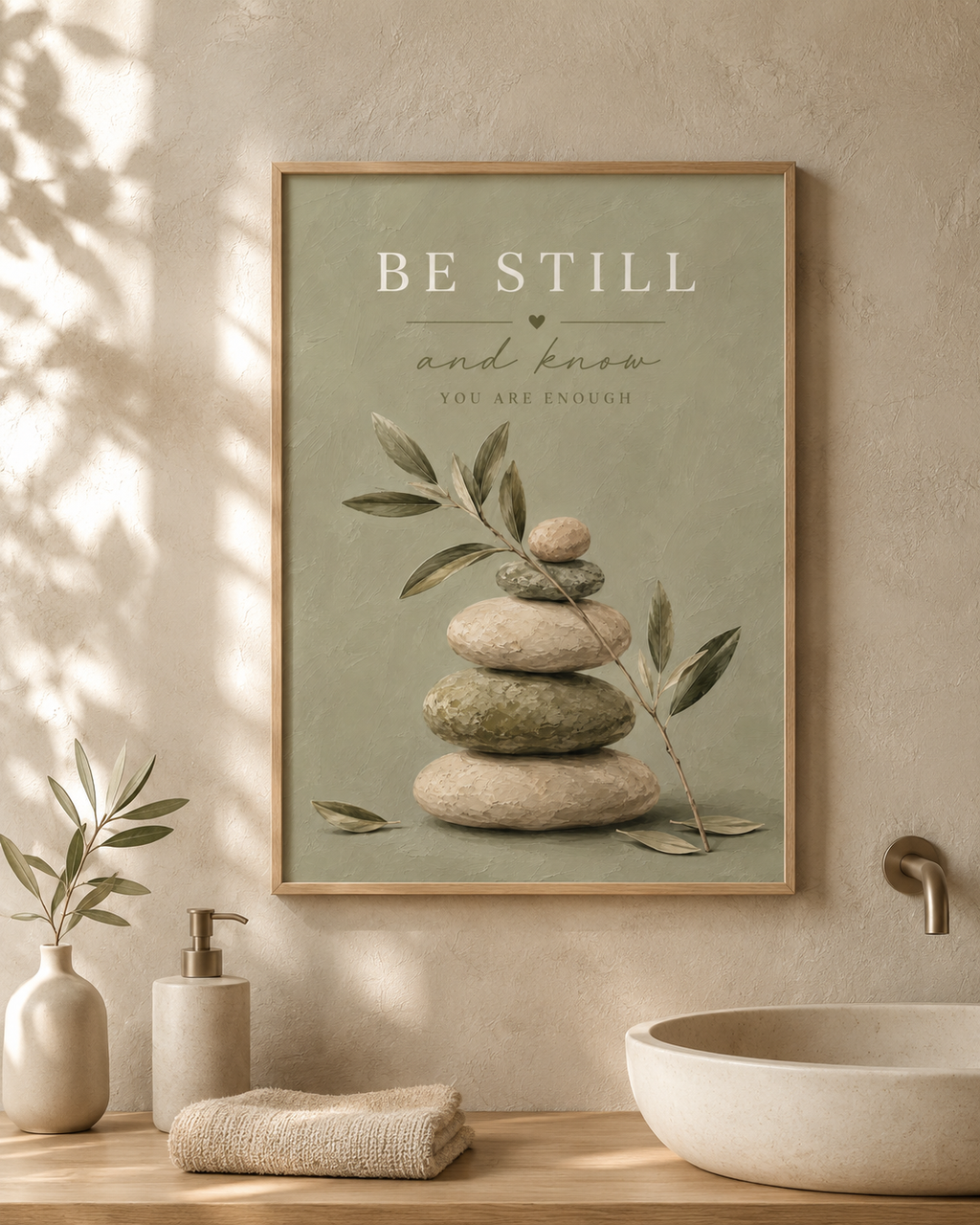 Be Still and Know You Are Enough quote with sage-green balancing stones and delicate olive branches styled in a bathroom