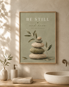 Be Still and Know You Are Enough quote with sage-green balancing stones and delicate olive branches styled in a bathroom