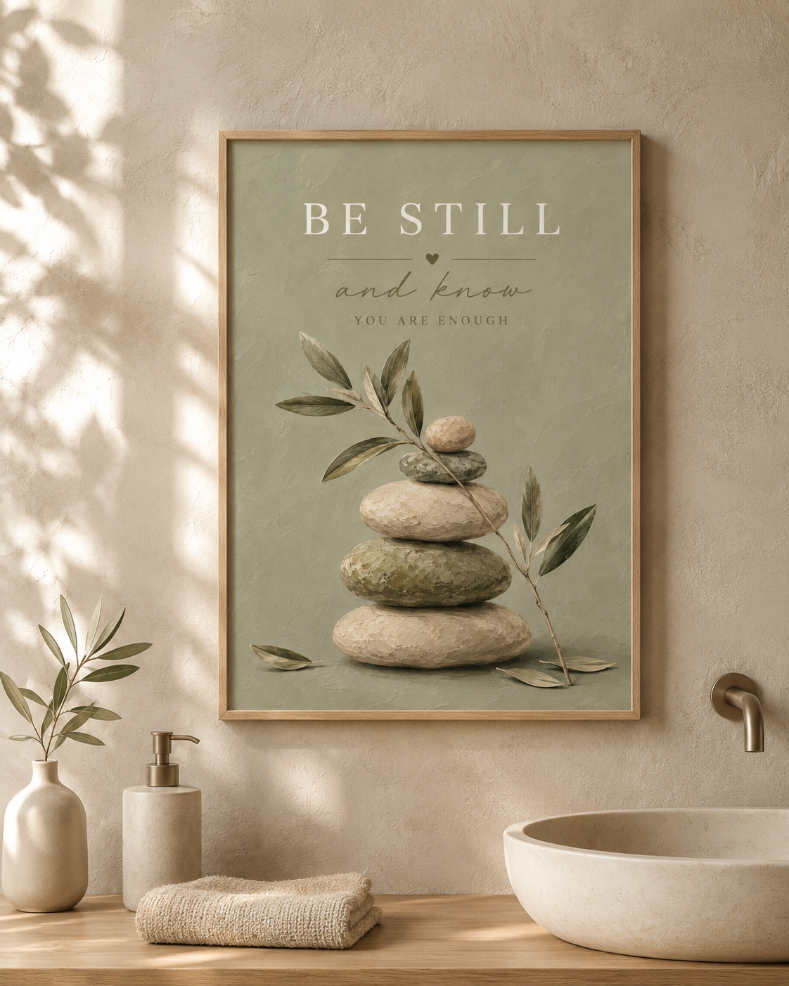 Be Still and Know You Are Enough quote with sage-green balancing stones and delicate olive branches styled in a bathroom