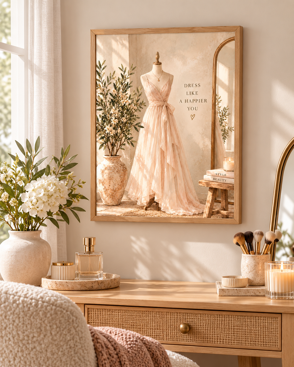 Blush dress on a mannequin with Dress like a happier you quote and soft neutral dressing room styling in a styled home display
