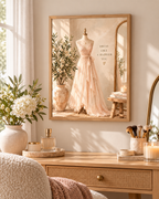 Blush dress on a mannequin with Dress like a happier you quote and soft neutral dressing room styling in a styled home display