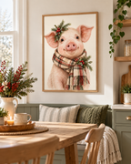 Christmas pink piglet illustration with tartan scarf, evergreen sprigs, red berries and pine cones on a warm cream background styled in a dining area